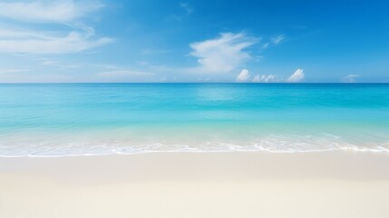 Serene beach with clear blue sky, turquoise water, and white sandy shore. Perfect vacation destination for relaxation and tranquility.