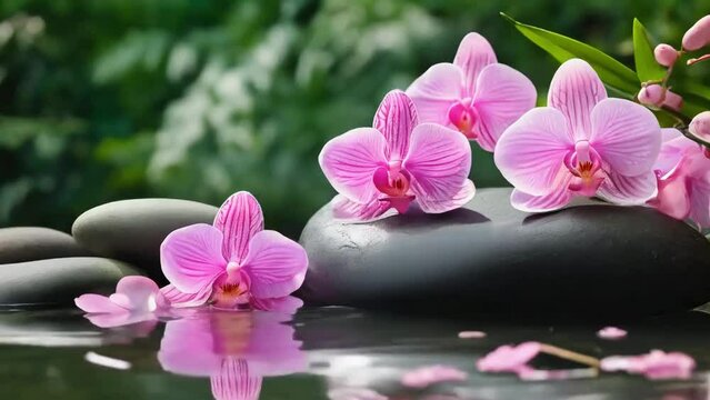 pink Orchids and spa stones balance on calm water, claming spa videos, calming ambient videos, relaxing videos, seamless looping 4k videos, youtube, stock videos, asmr videos, calming nature videos	
