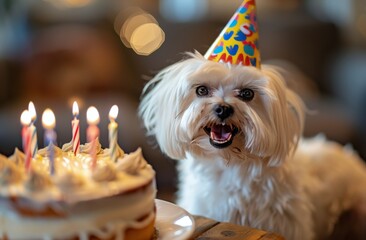 White Dog Wearing Party Hat Celebrates Birthday With Cake