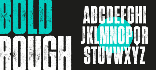 Rough Condensed Font. Works well at small sizes. Detailed individually textured characters with an eroded rough letterpress print texture. Unique design font