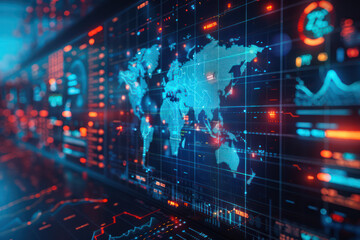 Obraz premium Global finance map with interactive screen, futuristic and innovative. Technology and futuristic concept. Digital healthcare and network on modern virtual. Generative AI