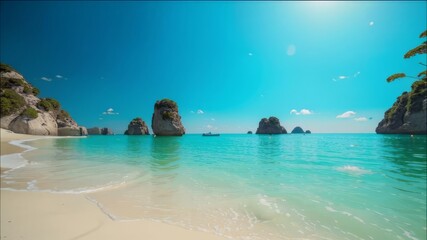 Beautiful view of the beach with rocks and trees.