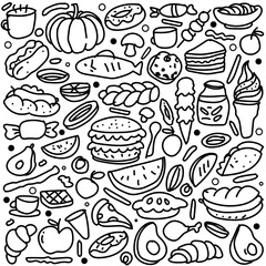 Set of hand drawn food isolated on white background, doodles set of fast food.