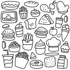 Set of hand drawn food isolated on white background, doodles set of fast food.