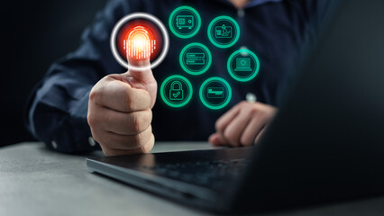 Businessman using fingerprint scanning unlock to private data, finger scanning for security access...