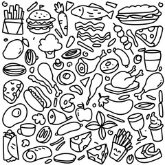 Set of hand drawn food isolated on white background, doodles set of fast food