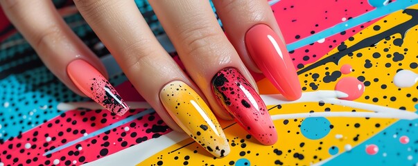 Obraz premium Close-up of colorful nail art on a vibrant abstract background.