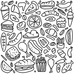 Various food doodle Seamless background Vector fast food pattern