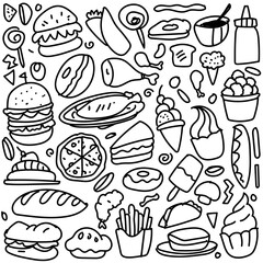 Various food doodle Seamless background Vector fast food pattern