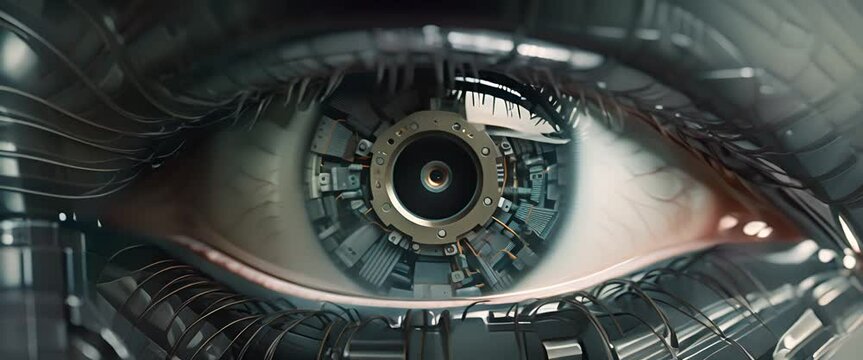 High-tech 3D squares assembling into a dark, minimalist robotic eye,