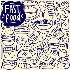 Set of hand drawn food, doodles set of fast food.