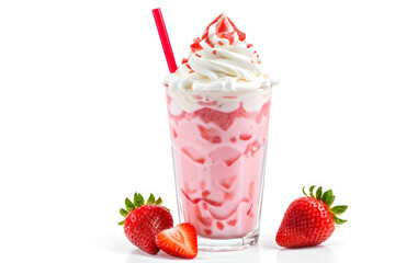 A refreshing strawberry milkshake in a tall glass with a red straw, topped with whipped cream and strawberry syrup, surrounded by fresh whole and sliced strawberries on a white background