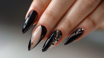 An elegant nail design with a client's worried face, depicting sophistication and concern