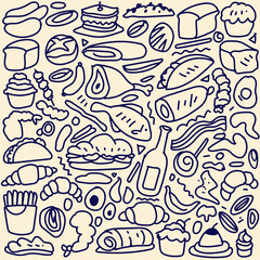 Set of hand drawn food, doodles set of fast food.