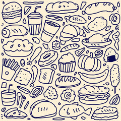 Set of hand drawn food, doodles set of fast food.