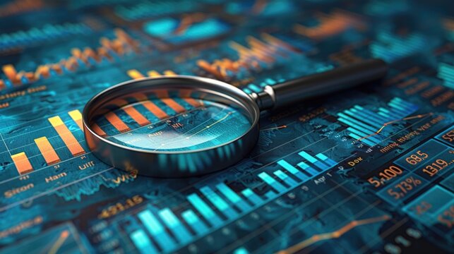 Magnifying glass and bar chart illustration, stock exchange concept, blue background