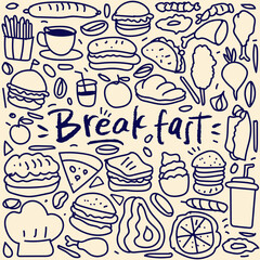 Set of hand drawn food isolated on white background, doodle set of fast food. Vector illustration.