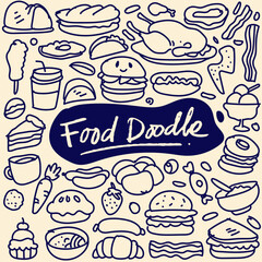 Set of hand drawn food isolated on white background, doodle set of fast food. Vector illustration.