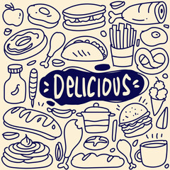 Various food doodle, Seamless background, Vector fast food pattern.