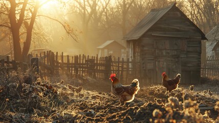 Warm sunlight highlights hens foraging in a rustic farmyard setting