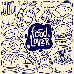 Various food doodle, Seamless background, Vector fast food pattern.