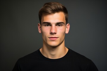 Obraz premium A young man with short brown hair and a black shirt is smiling for the camera