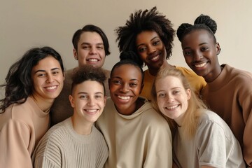 Fototapeta premium A portrait of diverse young people smiling and looking at the camera, standing close together against an isolated beige background. everyone smile for a cheerful atmosphere. generative AI