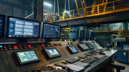 Fototapeta premium Industrial control room with multiple monitors and control panels, overseeing machinery and operations. Hard hats and industrial equipment are visible. High-tech environment.