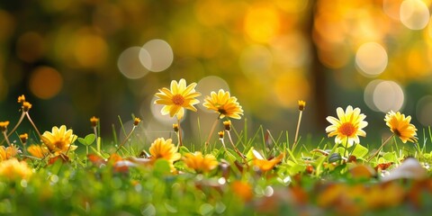 A close-up shot of yellow wildflowers blooming in a meadow, with a bright, blurry background of trees and sunshine - Powered by Adobe