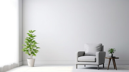 Modern minimalist interior with an armchair on empty white color wall background 