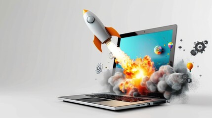Laptop and rocket flying from the screen, white background with space for text, startup concept