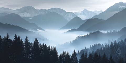 Fototapeta premium A misty morning in the Bavarian Alps, showcasing the beauty of the rolling hills and forests shrouded in fog