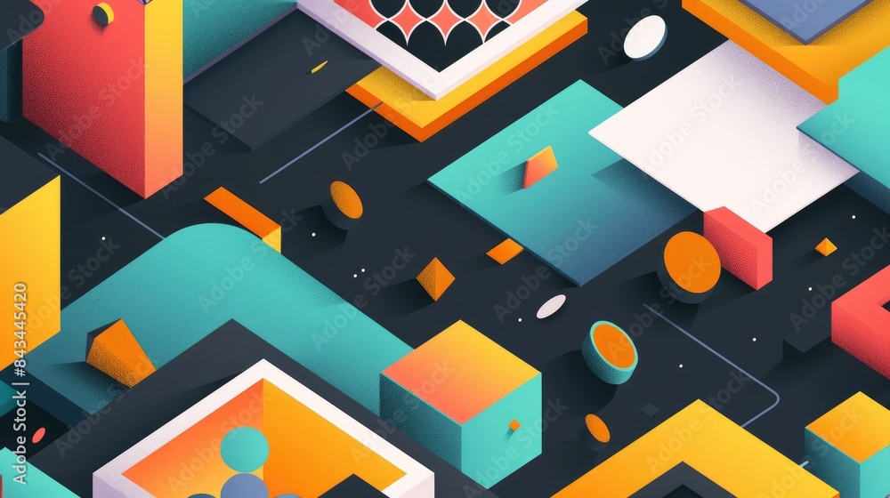 Poster abstract isometric background with colorful geometric shapes, providing a central area for text.