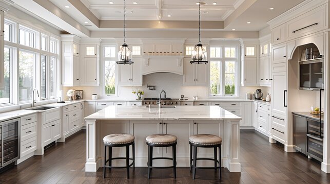 Spacious European style kitchen with sleek white cabinets, a large kitchen island, and hardwood floors