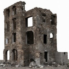 Ruined building isolated on white background