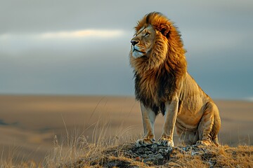 Strong and confident lion on a hill.