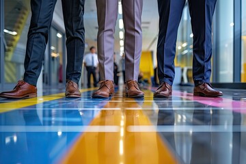 Four men in suits stand in a hallway, each wearing a brown shoe. Concept of professionalism and formality, as the men are dressed in business attire