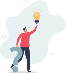 smart businessman holding question mark sign and lightbulb solution. FAQ frequently asked question,flat vector illustration.