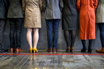 A group of people are standing in a line, with some wearing high heels. Concept of unity and camaraderie among the group, as they stand side by side