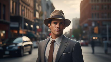 A 1950s male model in a sleek, tailored suit and fedora, standing on a city street