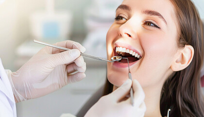 A female patient is currently at an appointment for a dental examination with a dentist