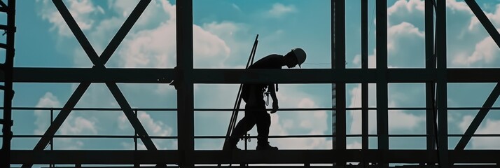 A construction worker walks across metal beams against a cloudy sky. The worker is silhouetted against the bright sky