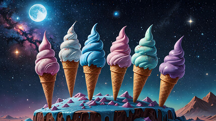creative concept of a waffle cone with vanilla popsicles, against the background of the starry sky
