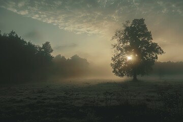 Naklejka premium A lone tree stands in a field shrouded in fog, with the sun peeking through its branches. Generative AI