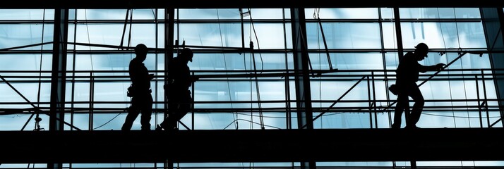 Three workers walk across scaffolding during the construction of a large building