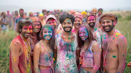 Fototapeta premium A group of people covered in colored powder are posing for a picture on the beach