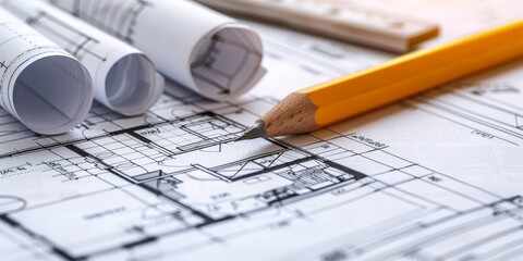 A yellow pencil lies on top of a rolled architectural blueprint, ready for design work