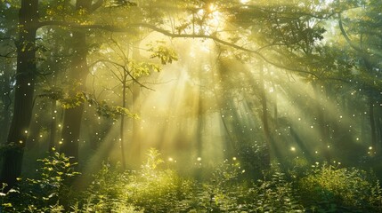 Fototapeta premium Spectacular sun rays shining through woods and tree in the dense forest. Green and lust forest on a beautiful summer day