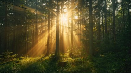 Spectacular sun rays shining through woods and tree in the dense forest. Green and lust forest on a beautiful summer day