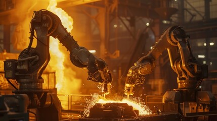 This industrial image showcases robotic arms operating with molten metal, illustrating advanced manufacturing automation, precision engineering, and high-temperature processing in a factory setting.